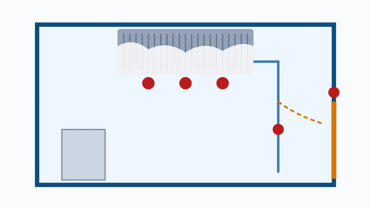 Esquema de una cámara con el evaporador cubierto de hielo en el techo y puntos rojos que señalan dónde buscar la causa: ventiladores, desagüe, puerta y junta.